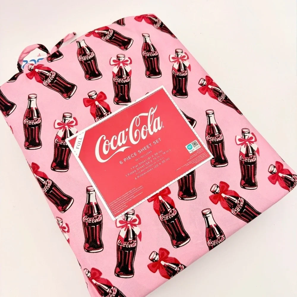 Coca Cola Pink Full 6 Piece Sheet Set Bottles Bows